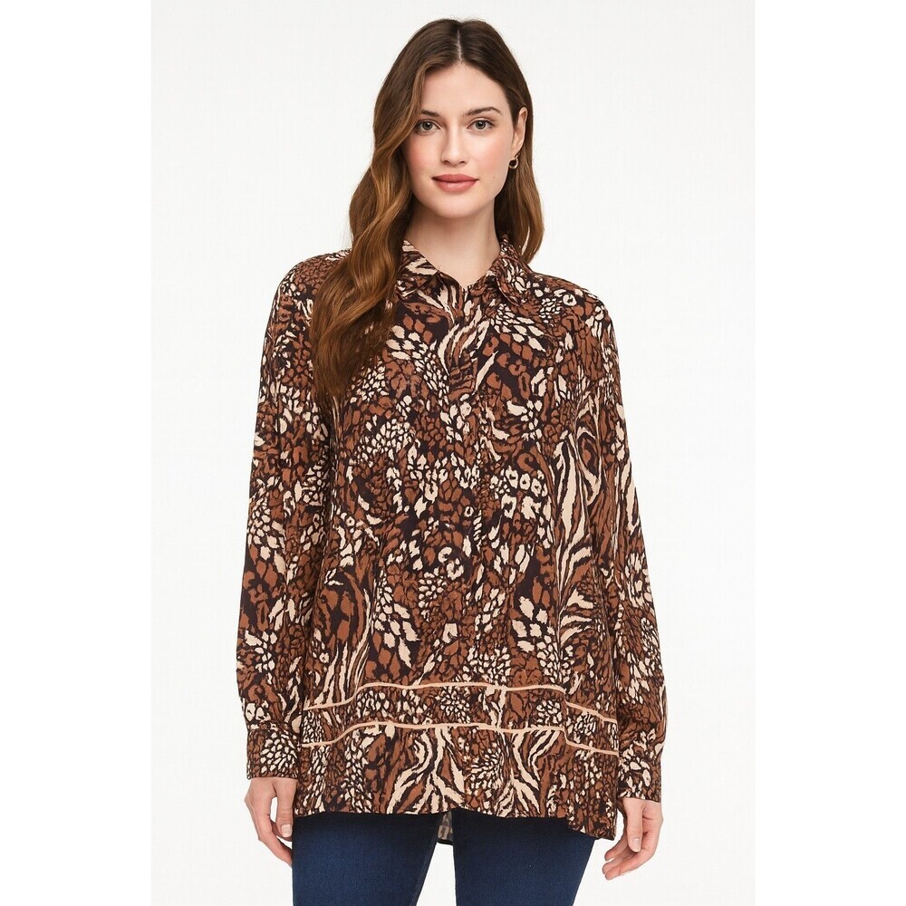 BonWorth Womens XL Button Up Blouse Long Sleeve Brown Black Animal Print Classic